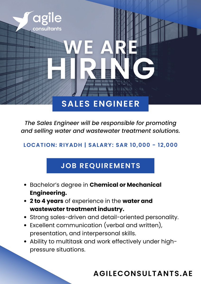 AgileUAE's tweet image. NEW JOB OPENING!

Agile Consultants is hiring a Sales Engineer for our client in the water treatment industry, based in Riyadh. Apply: agileconsultants.ae/jobs/sales-eng…

#Hiring #Recruitment #Networking #Jobs #Careers #SalesEngineer #WaterTreatment #ApplyNow #AgileConsultants