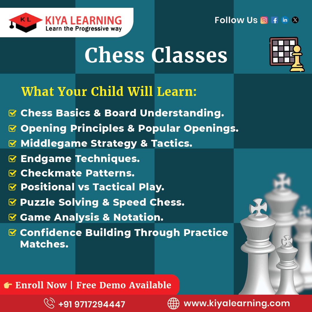 kiya_learning's tweet image. From basic moves to advanced tactics, we help young minds sharpen focus, boost problem-solving skills, and build confidence

#ChessClasses #ChessForKids #KidsChessTraining #StrategicThinking #BrainBoost #YoungChampions #KiyaLearning #CognitiveSkills #SmartKids #SkillDevelopment