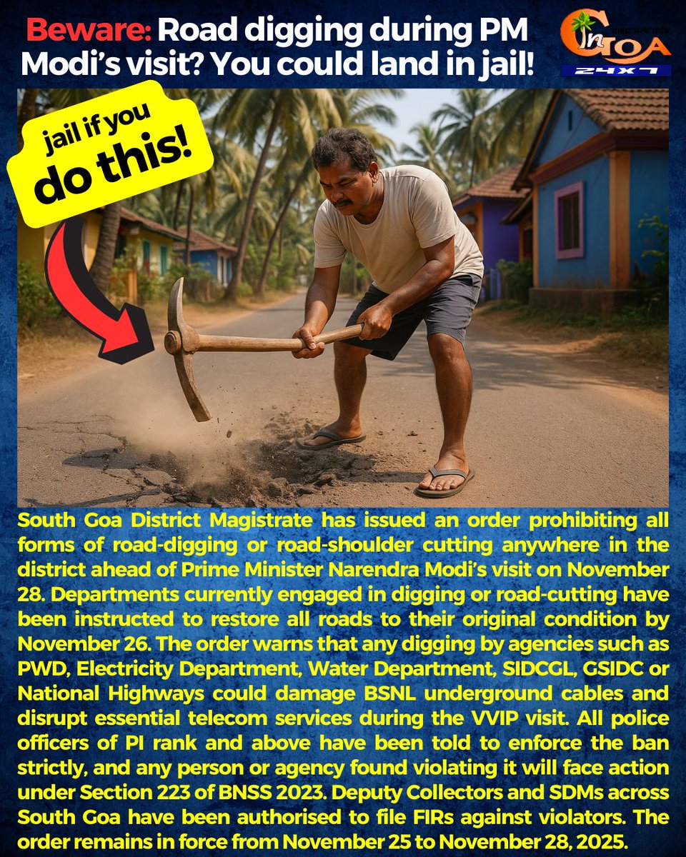 DivyakumarGoa's tweet image. Only BJP government could come up with a rulebook where digging a road during PM’s visit is treated like a national threat.Potholes can take people&apos;s lives but suddenly one pit during Modi’s visit becomes a criminal offence. Instead of fixing governance,they’re busy policing.