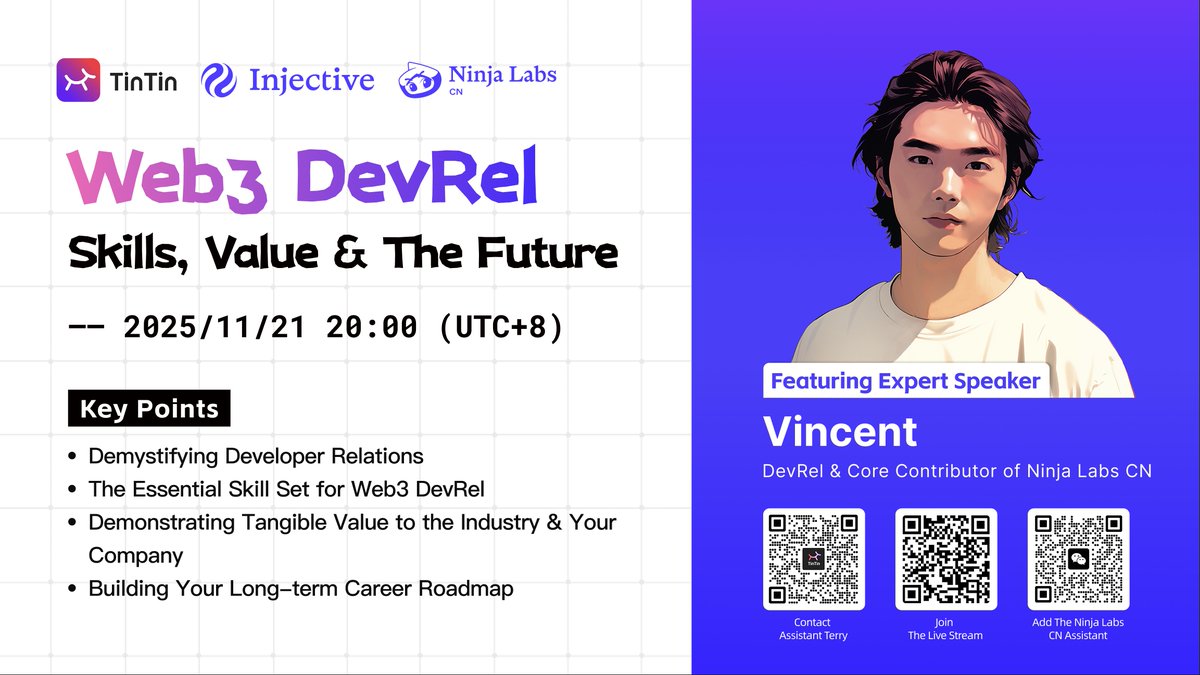 OurTinTinLand's tweet image. 💰 DevRel Career Path Unlocked: From Beginner to a Six-Figure Role

Last Friday&apos;s TinTinLand &quot;Web3 Career Navigation&quot; Session 6 featured Vincent @chuhanVcrypto, Core Contributor at @NinjaLabsCN and APAC DevRel at @injective, who delivered an in-depth breakdown of the DevRel role,…
