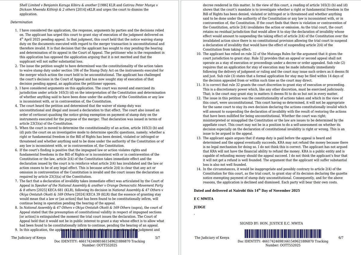 4. NCBA Group has been denied a stay order after the High Court refused to suspend its ruling that declared the 2019 stamp duty waiver on the NIC merger unconstitutional and illegal.

The decision, driven by a petition from Senator Okiya Omtatah, paves the way for KRA to pursue