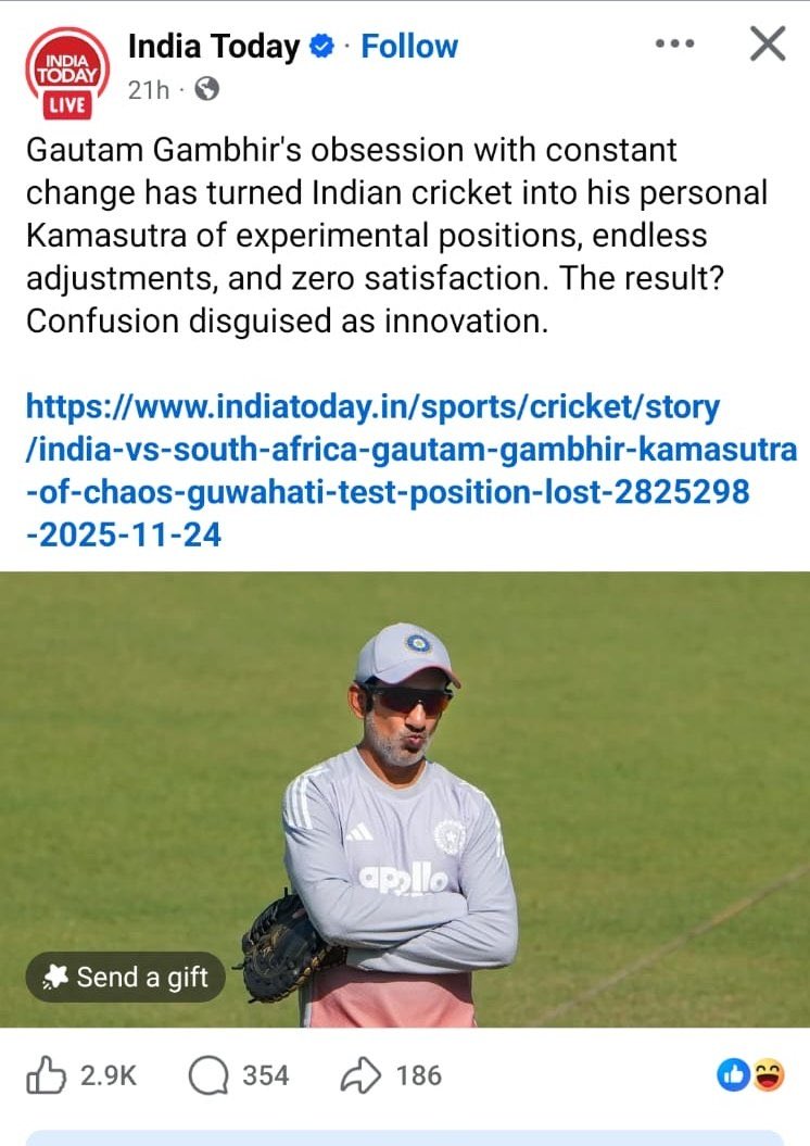indiantweeter's tweet photo. Gautam Gambhir is destroying Indian cricket, he is a jealous insecure man! 

He first said people promoting betting apps are bad, then he started promoting betting apps himself. 

His personal manager attends team meetings violating all norms. 

The headline though! https://t.co/d1Y9eb28FS