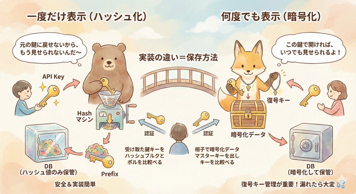 daigo_3_8's tweet image. APIキーを何度もコピーできるやつと一回しかコピーできないやつあるじゃないですか、あれの実装上の違いは概ねサーバー上でAPIキーをハッシュ化しているか暗号化しているかの違いです

ハッシュ化の場合: 
サーバーのDBにAPIキーのハッシュを保存する…