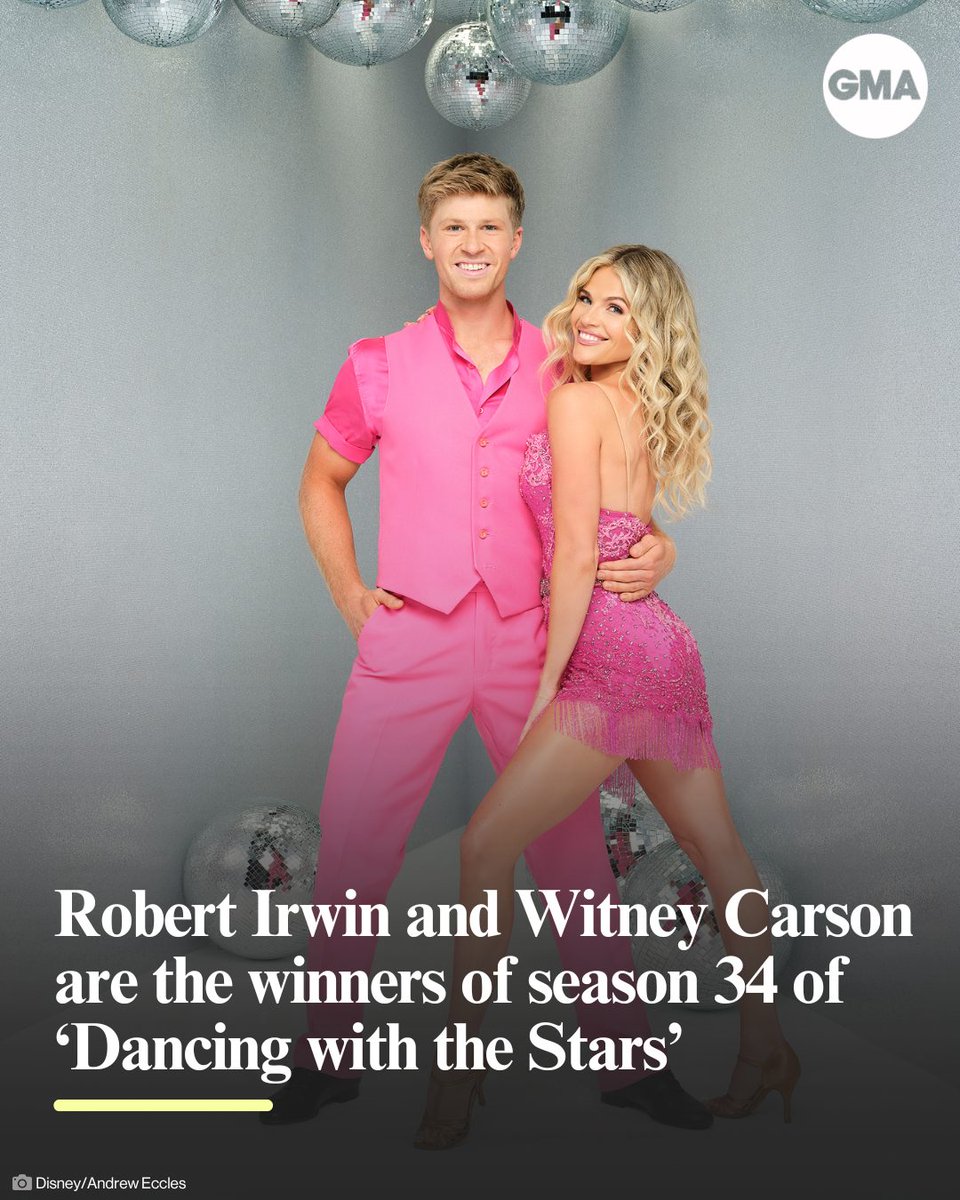 GMA's tweet image. CONGRATULATIONS TO Robert Irwin and Witney Carson YOUR SEASON 34 @officialdwts MIRRORBALL TROPHY WINNERS! 🪩

Make sure you tune in for our #DWTS after party only on GMA!