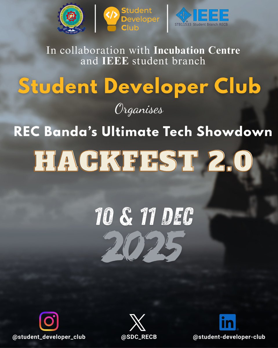 SDC_RECB's tweet photo. 🏴‍☠️⚔️ Ahoy Innovators!
HackFest 2.0 is coming on 10–11 Dec! ⚡🔥
Gear up for a fast-paced voyage of creativity, coding &amp; innovation.

Bring your passion. Build big. Win bigger. 💰

🔥 By SDC, Dept. of IT
🤝 With Incubation Center &amp; IEEE Club

Let’s make it legendary! ⏳🏴‍☠️ https://t.co/PkDoYSgUst