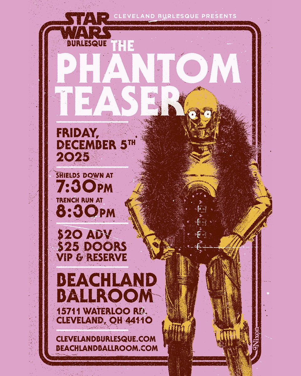 ✨ Star Wars Burlesque: The Phantom Tease returns to the Beachland! ✨
📅 December 5
🚪 Doors: 7:30 PM
🎭 Show: 8:00 PM
💸 Tickets: $20 in advance | $25 day of show
🔞 18+
Grab your tickets

beachlandballroom.com/shows/star-war…