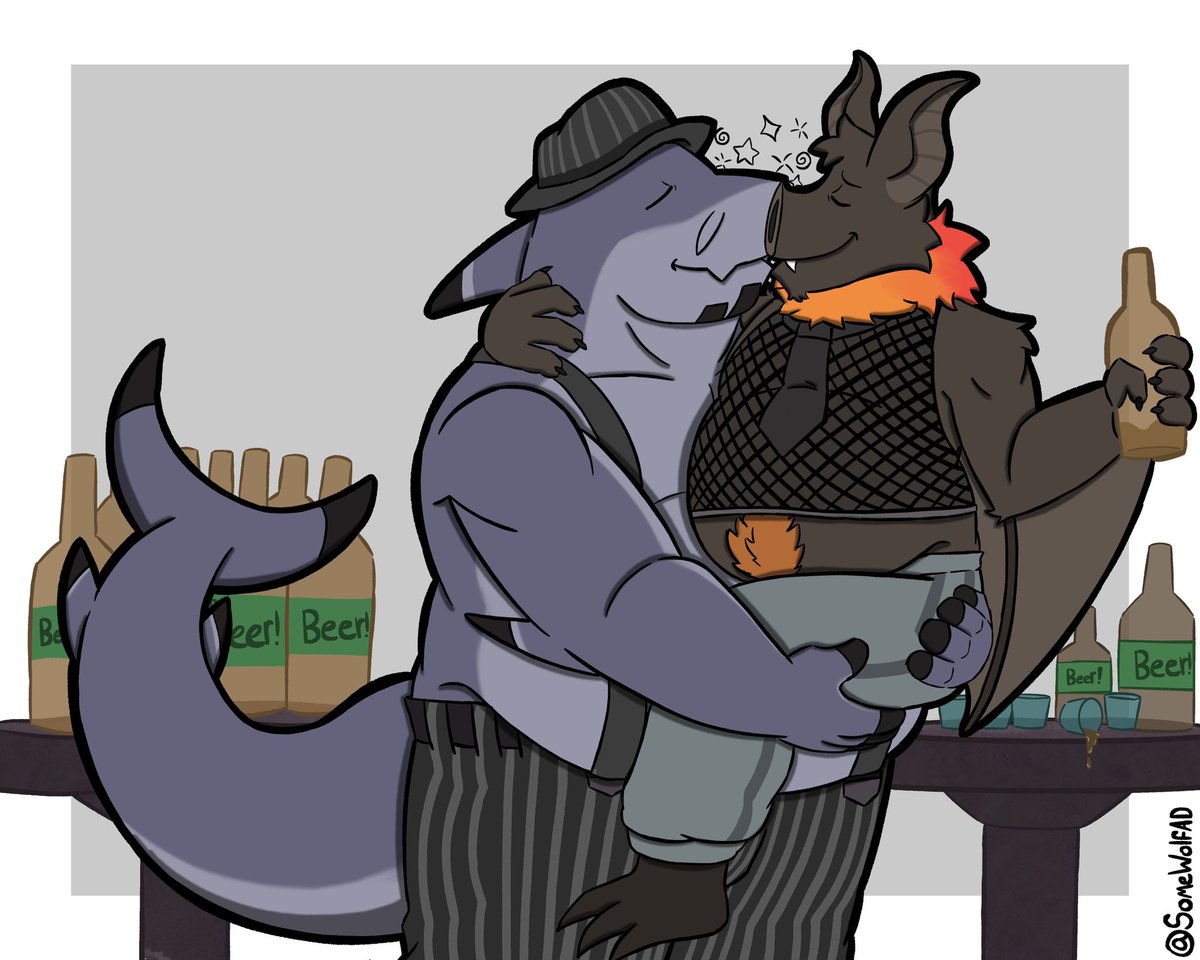 One year later, and beer still has its same effects! 🥴 
.
.
Decided to have a little fun and do a remix trade with <a href="/GabbageBin/">gab 🦇🥭 C0MMS FULL</a> to commemorate my first ever art trade on this account! :3