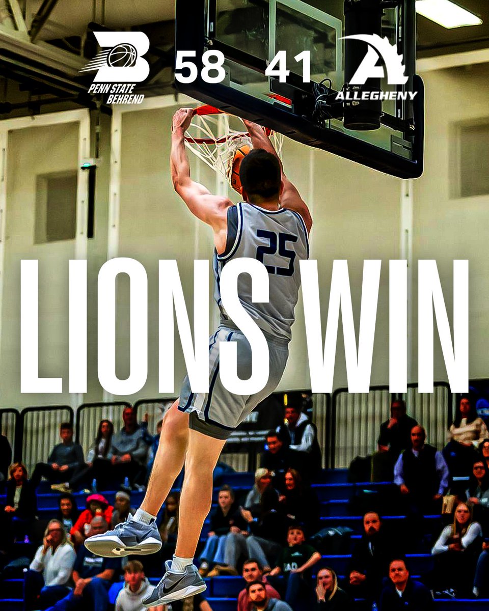 VICTORY!
Lions shut down Allegheny on the road!

Nate Edwards led the way with 19 points and 8 rebounds. Jacob Dunkle added double double with 15 points and 11 rebounds. Mason Blankenberg and Matt McDonough added 11 and 9 points a piece.

#TCB