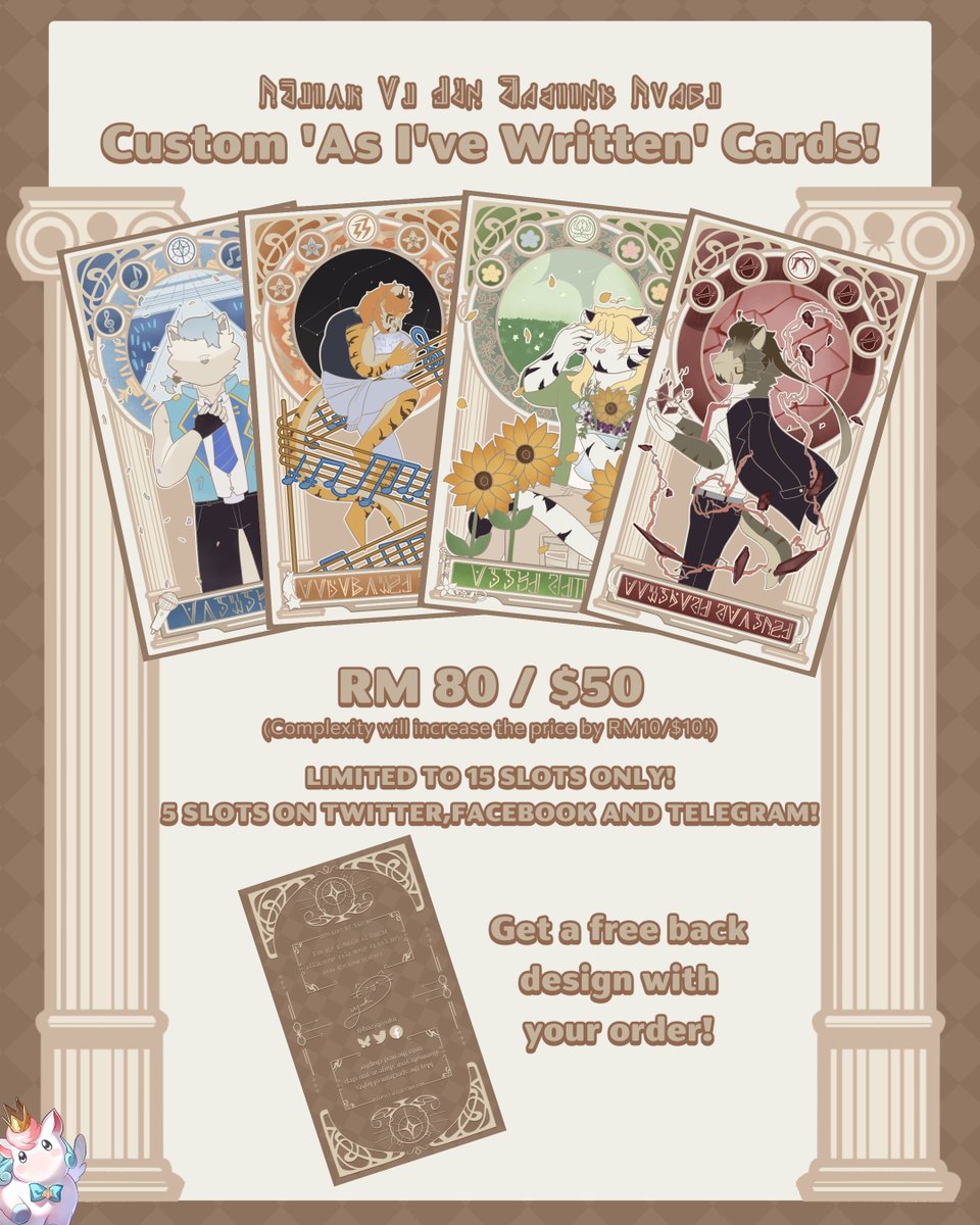 "May the Trailblaze fulfill, the promise of 'love' with me"

Hello ~ I'm opening 5 sl0ts for Twitter for my custom 'As I've Written' cards for the price of ;
RM 80 / $50 USD!

Receive a free back-design with your order!
DM me if you're interested <3