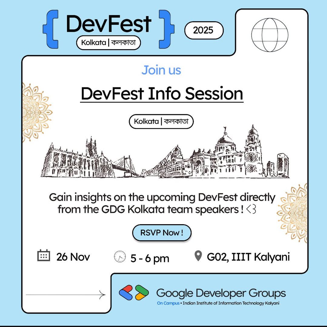 gdsciiitkalyani's tweet image. Kicking off the DevFest spirit today with the Info Session!
New ideas, new opportunities, and the GDG community energy all in one place.
Let’s make this the beginning of something big!

#DevFest #GDGKolkata #GoogleDeveloperGroups #TechForEveryone #IIITKalyani