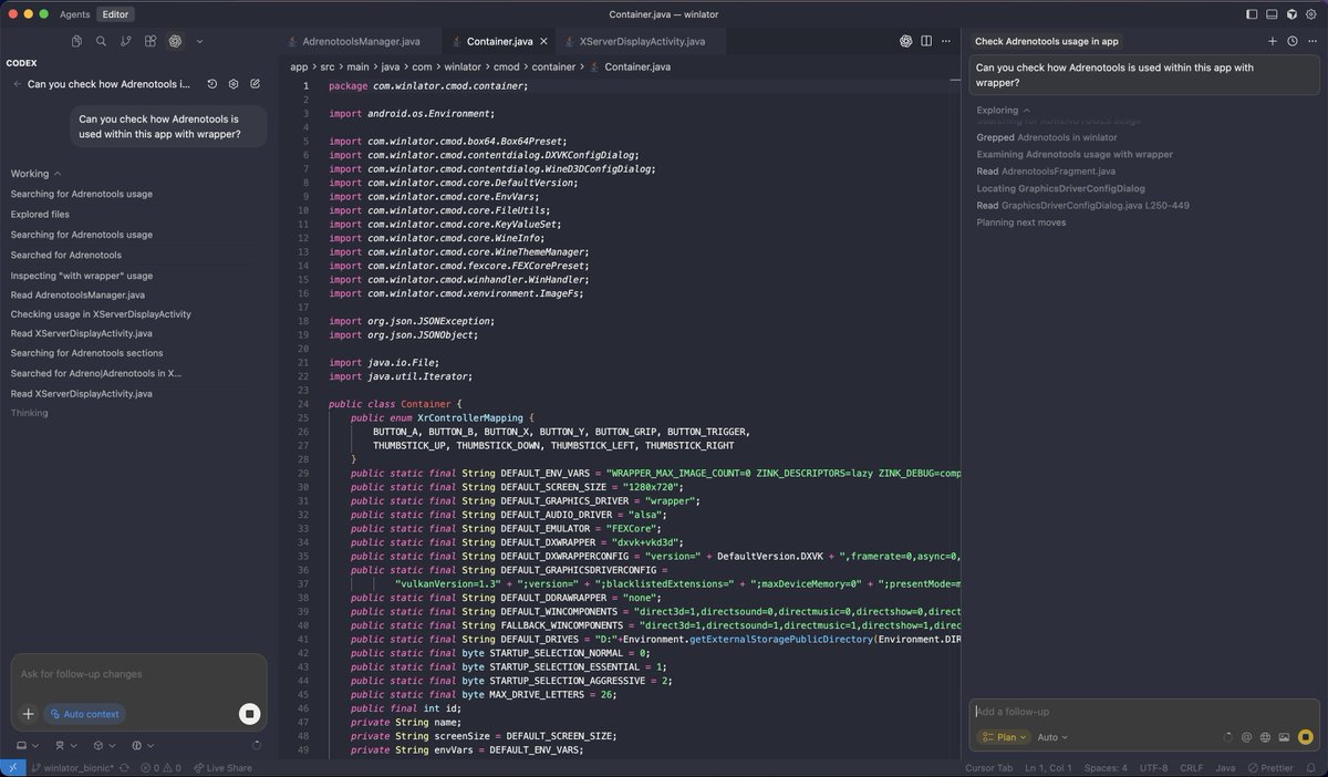 DalalUtkarsh's tweet image. Cheating on Cursor with Codex, right under Cursor&apos;s nose 🤭 let&apos;s see which one does a better job of explaining the code to me.