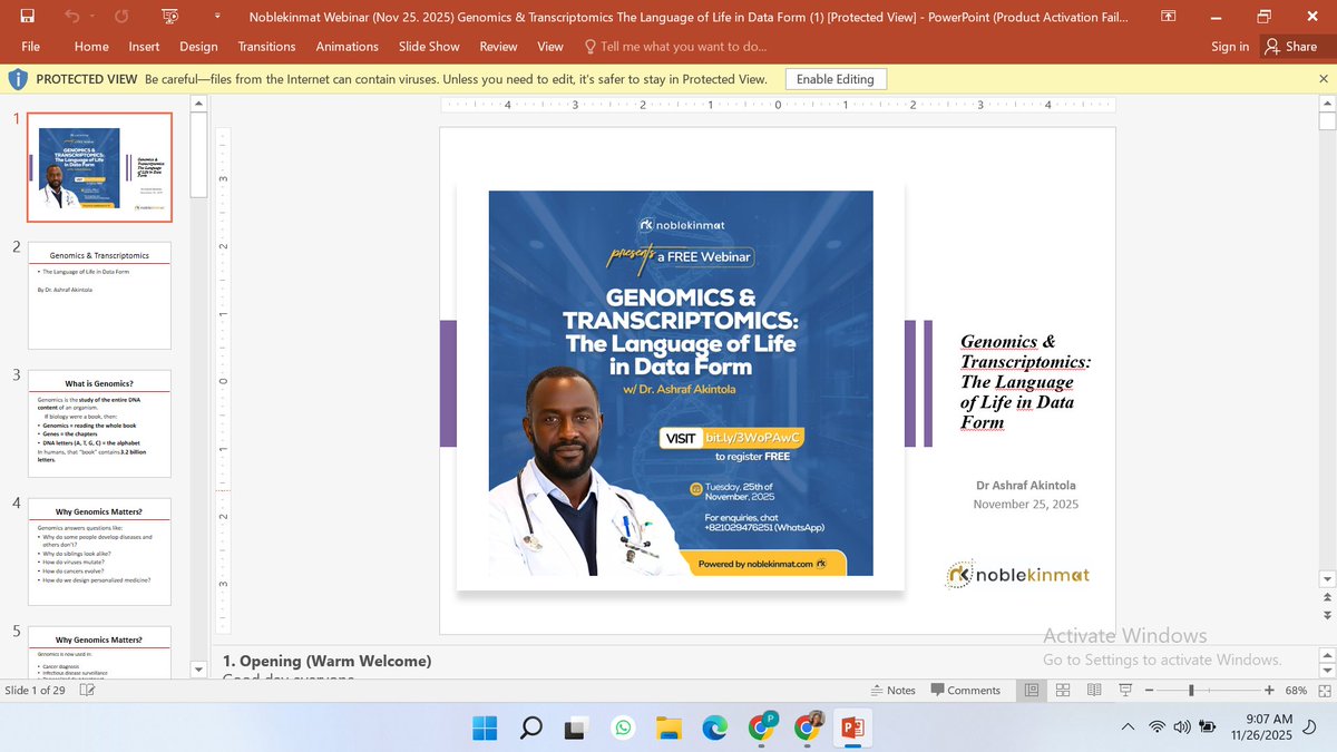 noblekinmat's tweet image. Bioinformatics in oil &amp;amp; gas (bacteria breaking down oil spills)
– How medicinal plant compounds are extracted for drug discovery
– Tools for beginners after sequencing
Want the presentation slide?
Join our community chat.whatsapp.com/LbLgs2p9HwhG5d…
#bioinformaticsforbeginners  #Genomics