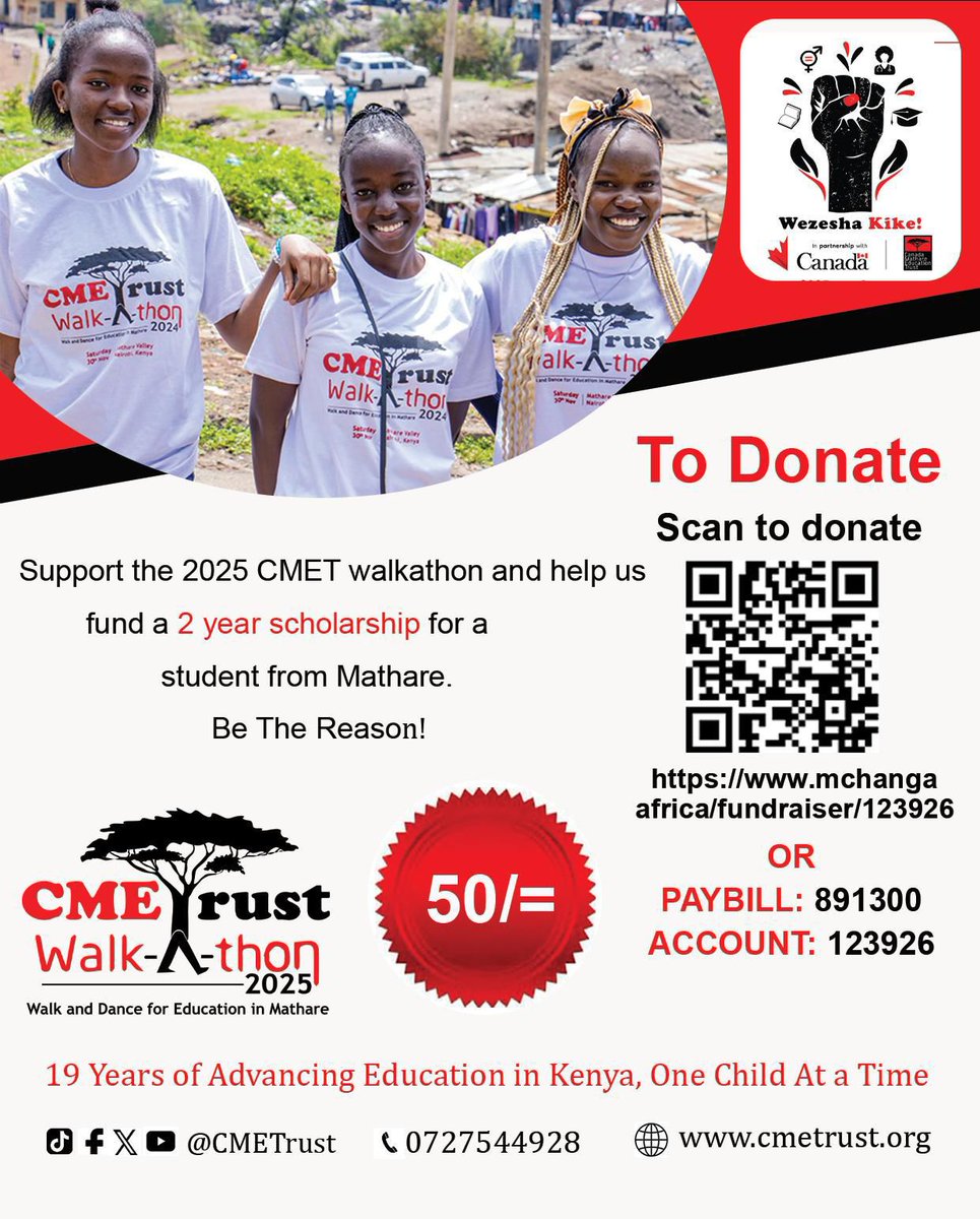 📢 10 days to go 🥳
Your support today can open doors that change a student’s entire future

 Join us as we walk, give, and uplift dreams through education. Together, we make impact possible
To support: mchanga.africa/fundraiser/123…

#CMETWalk2025 #CMETrustAt19 #WezeshaKike #SDG4 #SDG5