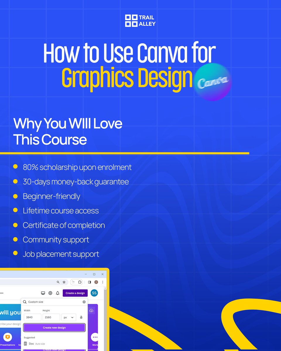 trailalley's tweet image. If you’ve been wanting to upgrade your design skills, this Canva course is the perfect place to start. Can’t wait to see what you create!”

#TrailAlley
#TechAcademy
#LearnTechInBenin
#DigitalCourses
#GraphicsDesign