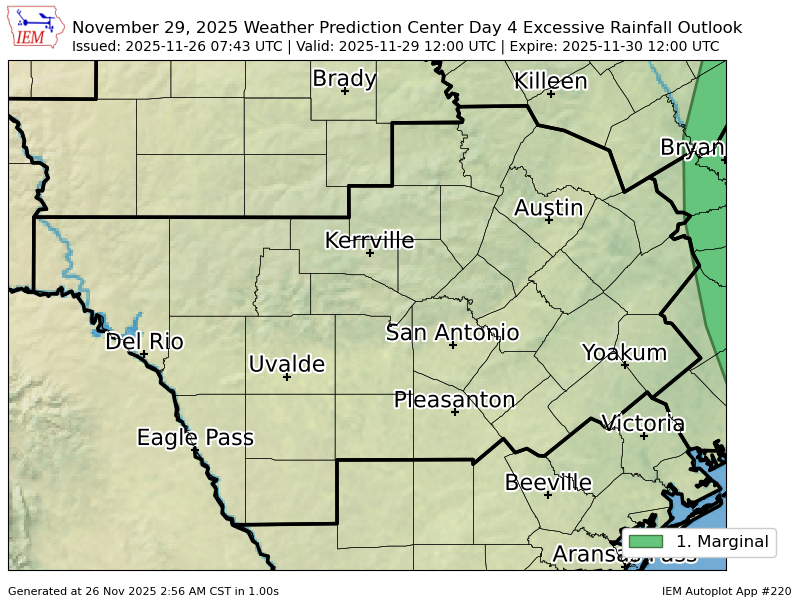 EWXBot's tweet image. WPC issues Day 4 Marginal Risk Excessive Rainfall Outlook at Nov 26, 7:43z for EWX wpc.ncep.noaa.gov/qpf/excessive_…