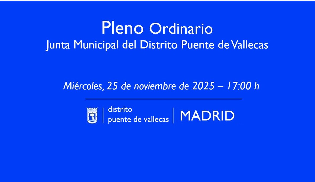 JMDpvallecas's tweet image. 📢Hoy se celebra #PlenoOrdinario #PuenteDeVallecas, seguido de la sesión extraordinaria sobre #Presupuestos

🗓26.11.2025/ 17h
📍Salón de Plenos del Distrito. Av. de la Albufera,42
🎥Puedes verlo en directo👉 informate.madrid.es/ruwp5

Convocatorias (pdf)👉 informate.madrid.es/zmppd2