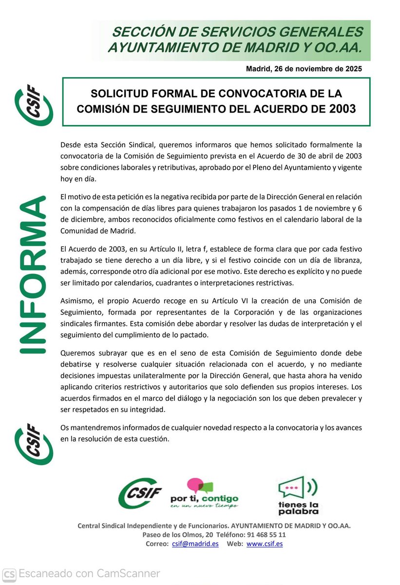 CSIFMADAyto's tweet image. SOLICITUD FORMAL DE CONVOCATORIA DE LA 
COMISIÓN DE SEGUIMIENTO DEL ACUERDO DE 2003.

SEGUIREMOS INFORMANDO Y LUCHANDO POR LOS DERECHOS DE TOD@S LOS TRABAJADOR@S.