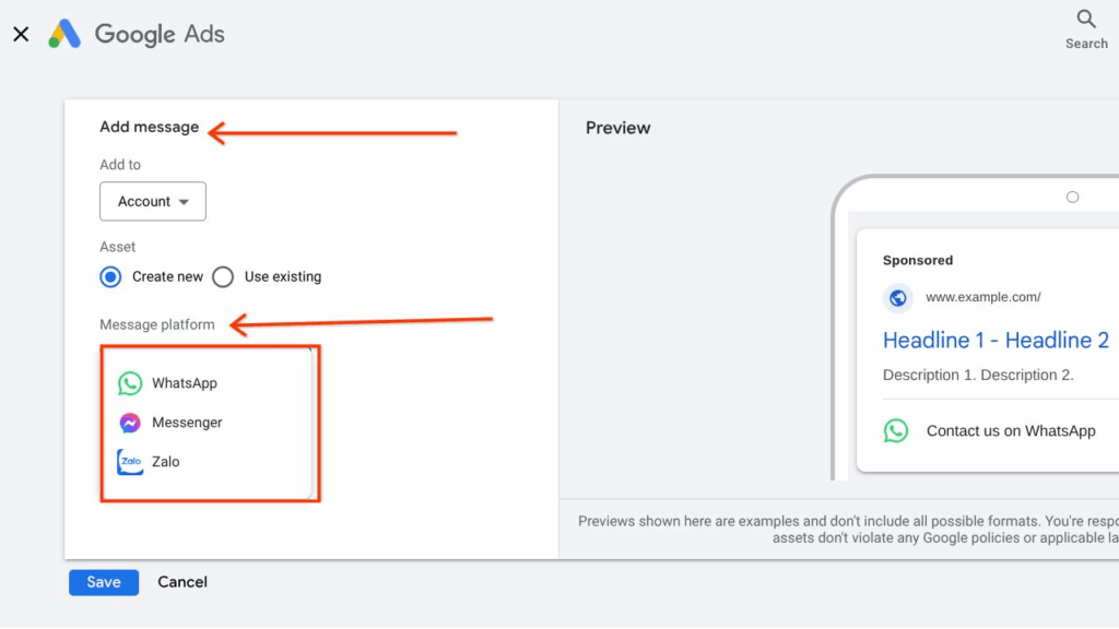 Google Ads has expanded its message asset options for Search and Performance Max campaigns. Advertisers can now direct users to WhatsApp, Zalo, and the newly added Facebook Messenger when setting up message extensions.