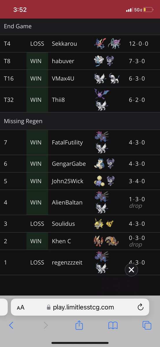 Top 4/160 in storms pocket tourney with suicune ninja ggs to my opponents