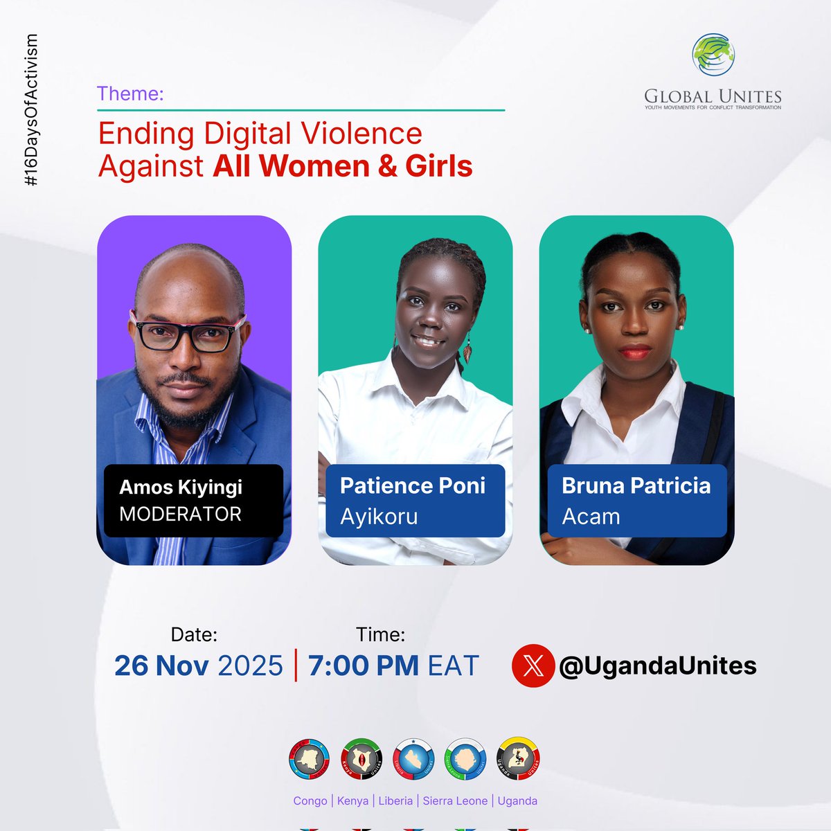 UgandaUnites's tweet image. Our first panel for the #16DaysOfActivism is officially locked in! 🔒 
Tonight, we join @MWFAlumniUganda; @amoskiyingi, @PeshPoni, and @BrunaAcam, as they share insights on how we can end gender-based violence in Africa and beyond.