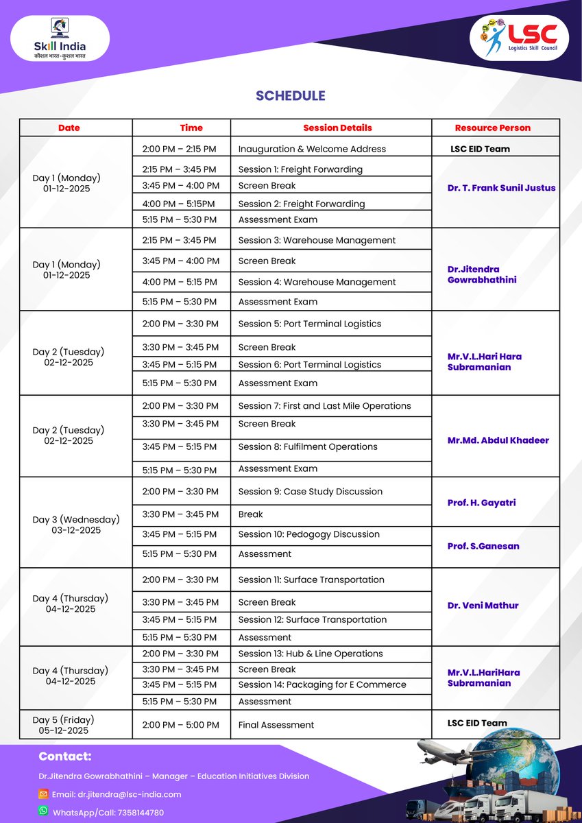 LogisticsSSC's tweet image. 📢One-Week Online Faculty Development Programme (FDP)
“Pedagogy for Logistics &amp;amp; E-Commerce Operations”
✨Organised by Logistics Sector Skill Council (LSC)

🗓️ 01 – 05 December 2025
⏰ 2:00 PM – 5:00 PM
💻 Google Meet
📄 E-Certificates will be provided upon successful completion
