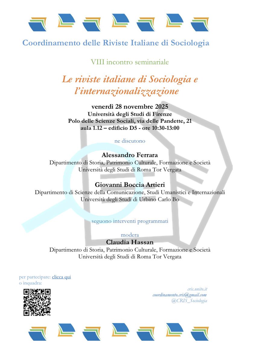 VIII Seminario Annuale CRIS
Le riviste italiane di Sociologia e l’internazionalizzazione
28/11/2025 - 10:30-13:00
Firenze