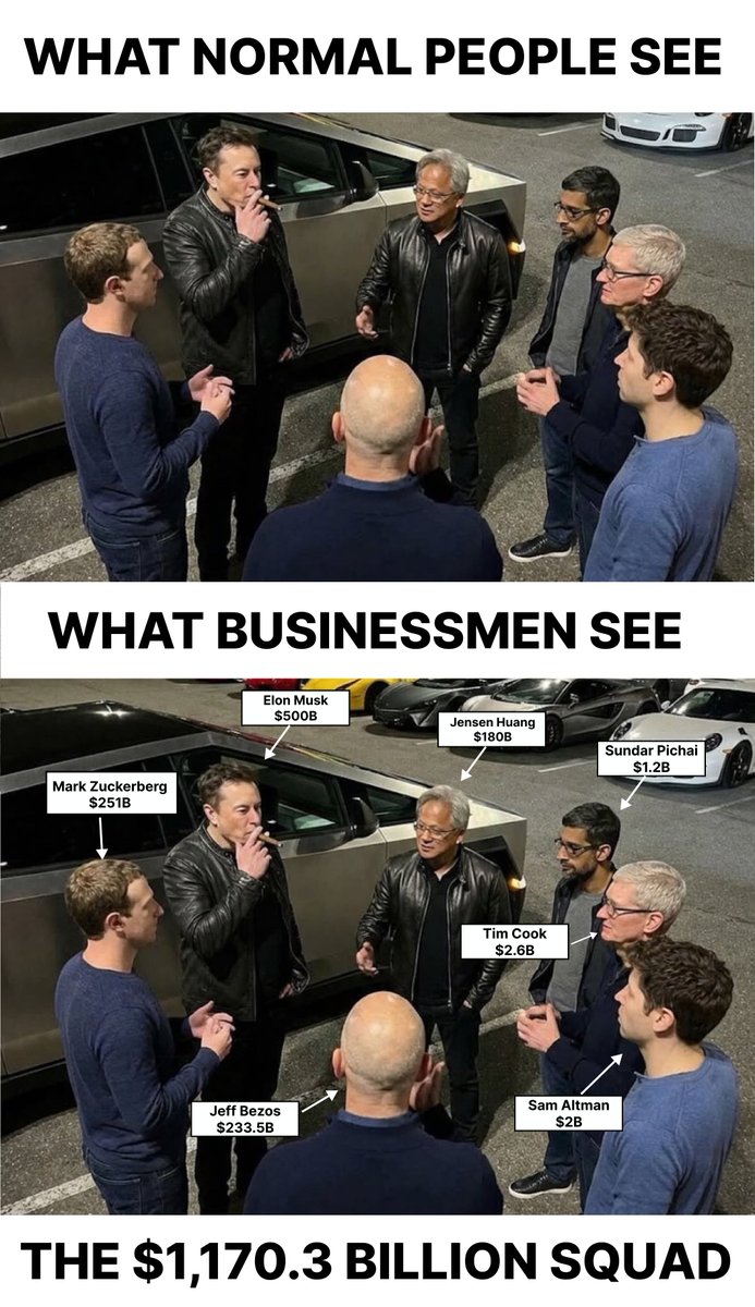 d_prosanjit's tweet photo. And Tim Cook looks like he’s about to say:

“Let’s just split it evenly, guys… It’s like $167 billion each.”

#NanoBanana #ElonMusk #MarkZuckerberg #BillionairesMeetup https://t.co/WHuZZWwYhN