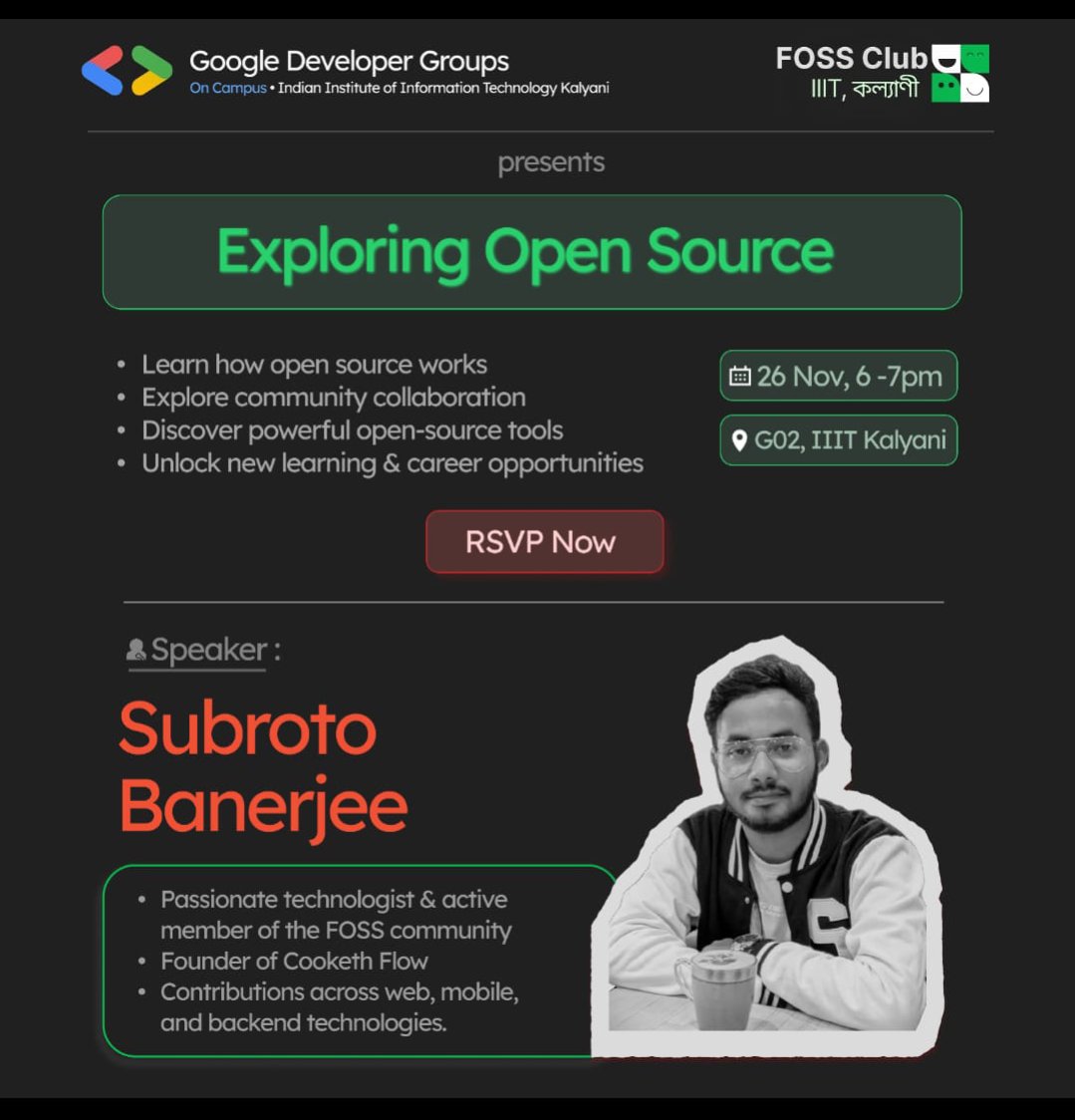 gdsciiitkalyani's tweet image. Excited to be at today’s Open Source event!
Great energy from the community and inspiring conversations all around.
Looking forward to learning, sharing, and building together.
#GDG #FOSS #OpenSource #Developers #CommunityFirst #TechCommunity #DevLife  #LearnTogether