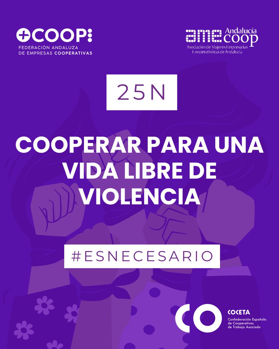 AMECOOP_'s tweet image. AMECOOP, la Asociación de Mujeres Empresarias de Cooperativas de Andalucía, reivindica un año más el final de las distintas formas de violencia que sufrimos las mujeres. Seguiremos con nuestra labor de incidencia para lograr una igualdad real y efectiva
 
#coop #25N #stopmachismo
