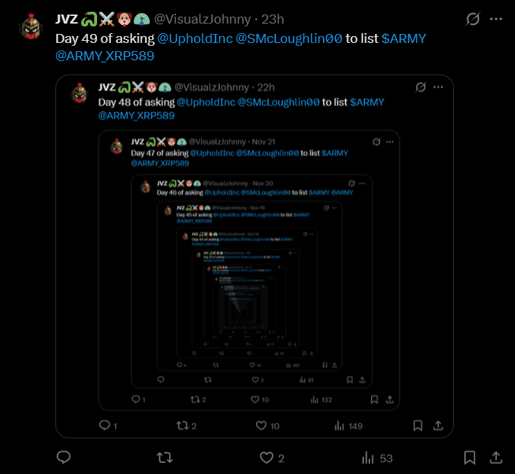 Day 50 of asking <a href="/UpholdInc/">Uphold</a> <a href="/SMcLoughlin00/">Simon McLoughlin</a> to list $ARMY <a href="/ARMY_XRP589/">$ARMY</a>