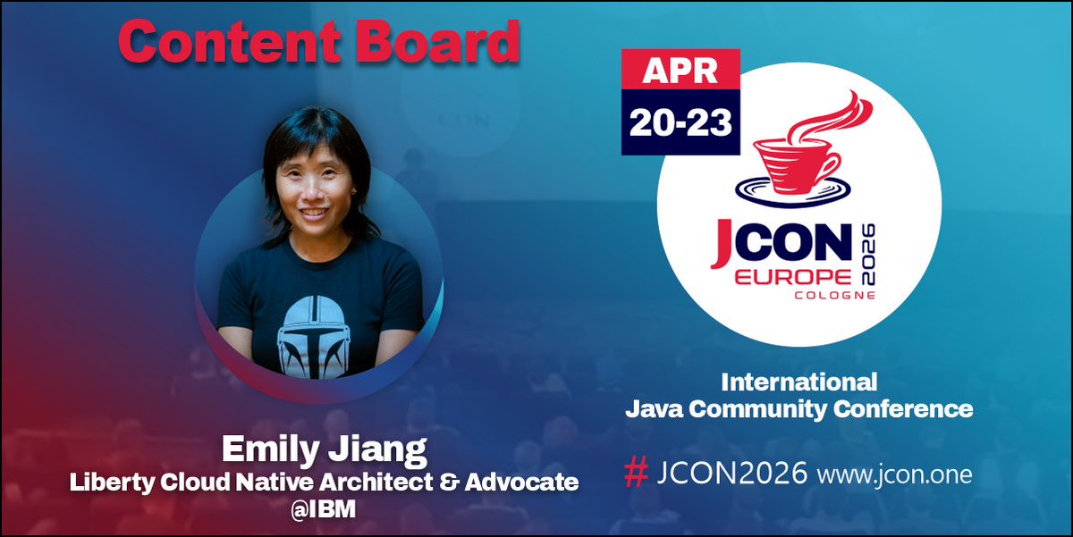 jcon_conference's tweet image. Today&apos;s #JCON Content Board Spotlight: @emilyfhjiang (IBM)

Not only a #JavaChampion but #TechWomen100 of 2025! 
She knows where #MicroProfile #Jakarta EE and #cloudnative practices are actually going because she helps design them. 

Join #JCON2026 at 2026.europe.jcon.one