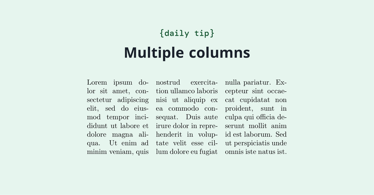 overleaf's tweet image. It&apos;s easy to create multiple columns in your document with LaTeX! Check out this guide on how to implement this layout. overleaf.com/learn/latex/Mu…