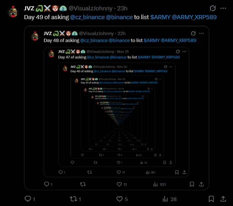 Day 50 of asking <a href="/cz_binance/">CZ 🔶 BNB</a> <a href="/binance/">Binance</a> to list $ARMY <a href="/ARMY_XRP589/">$ARMY</a>