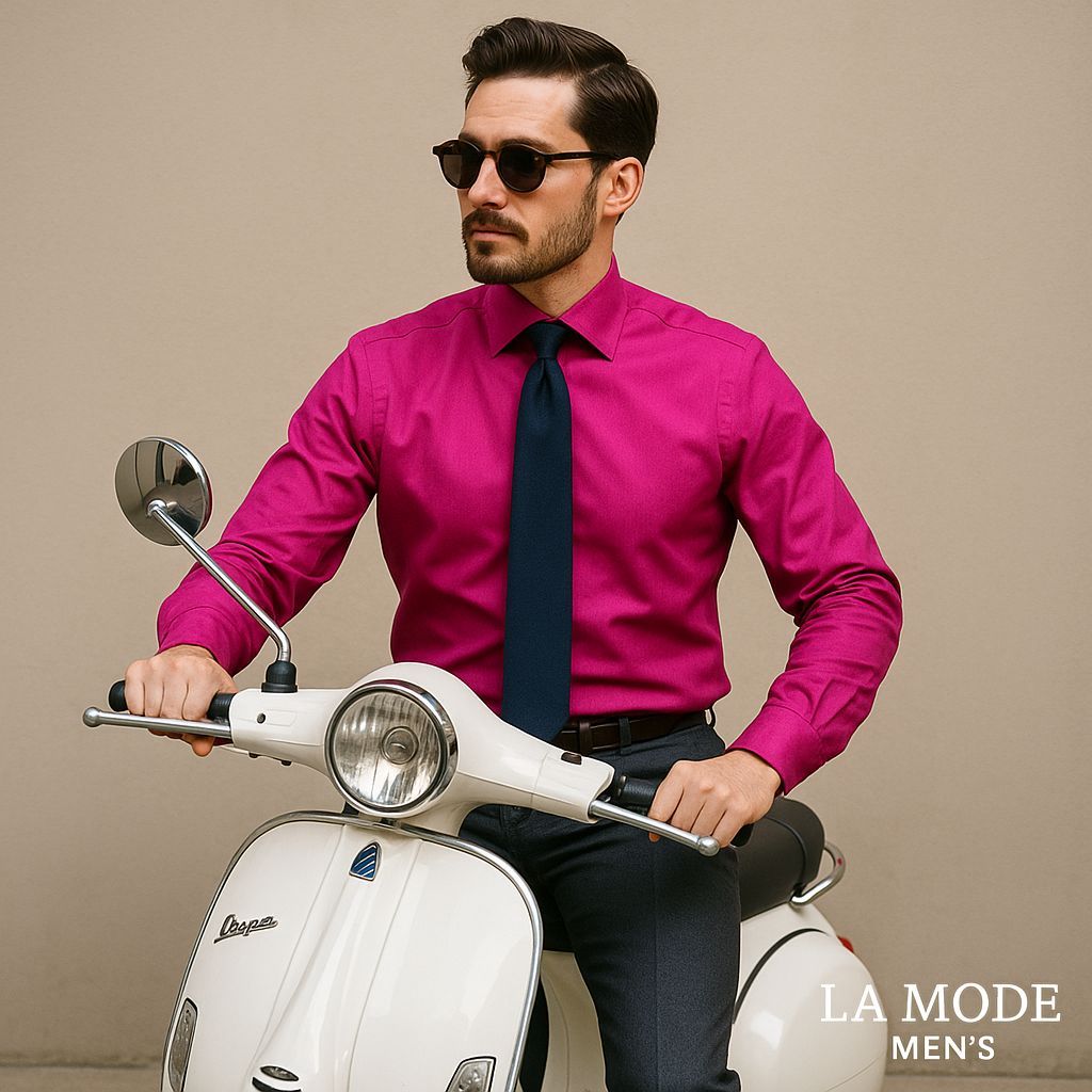 LaModeMens1's tweet image. Bold color. Clean lines. Modern confidence.
Fuchsia shirt + navy tie + white Vespa = a style statement built for 2025.

#LaModeMens #MensStyle #Dapper