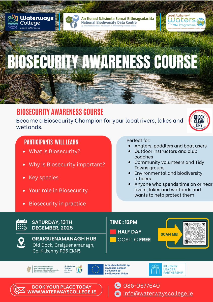 BioDataCentre's tweet image. Join our Biosecurity &amp;amp; Invasive Species Officer for a short, practical course which will introduce the core principles of biosecurity and shows you how simple “Check, Clean, Dry” habits can protect the places you love

👉 Sign up now: waterwayscollege.ie/learning-hub/p…

@WatersProgramme