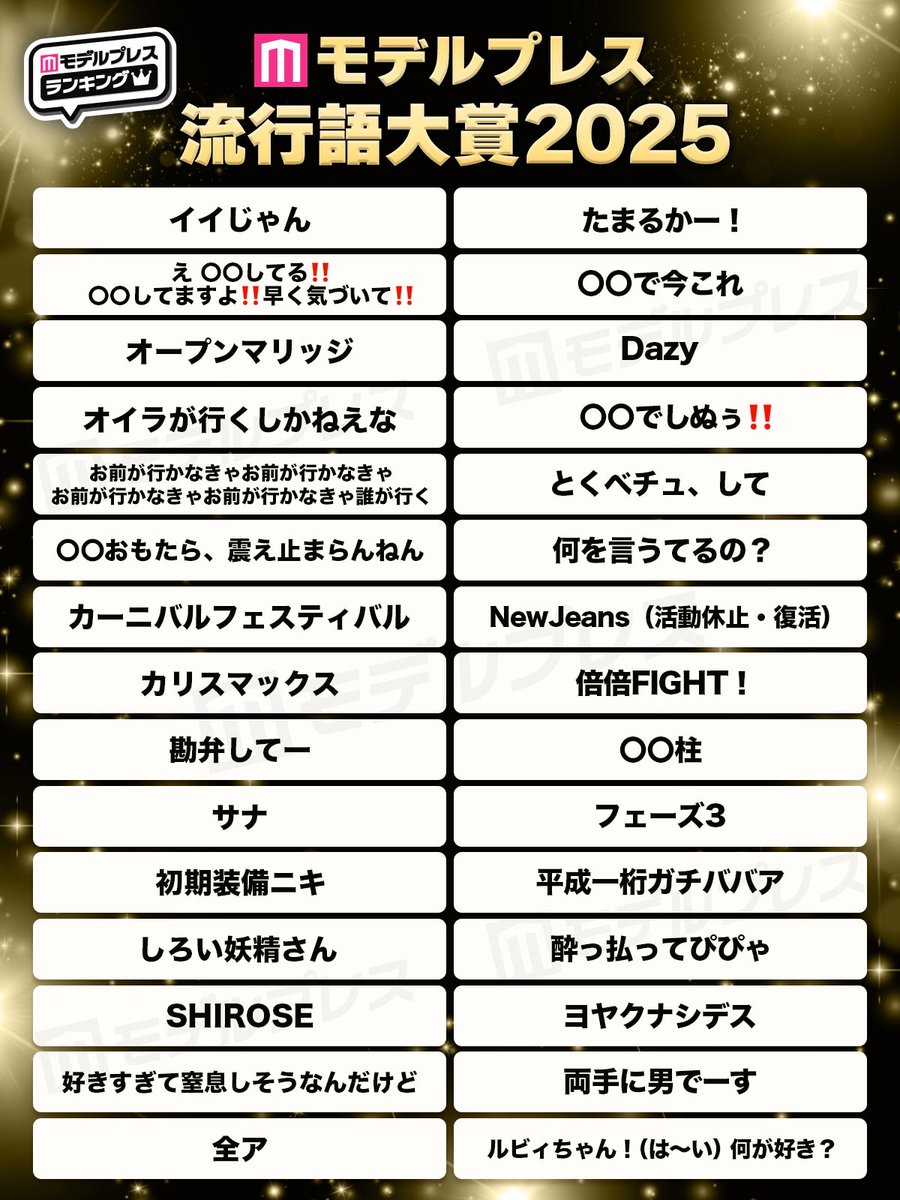 modelpress's tweet image. 【速報】モデルプレス流行語大賞2025発表🎉

オープンマリッジ
カーニバルフェスティバル
カリスマックス
とくべチュ、して
何を言うてるの？
フェーズ3
mdpr.jp/news/4679378

あなたが選ぶ真の大賞はどれ？  
↓投票はリプライから🔥

#モデルプレス流行語大賞2025