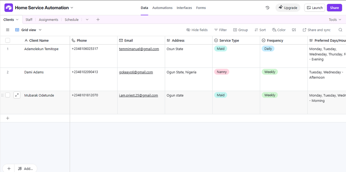 Tope__Adams's tweet photo. 🚀 Just built a complete Home Service Automation System (End-to-End).
From client request → staff matching → scheduling → Notifications

All automated.

No spreadsheets.
No WhatsApp chaos.
No human bottlenecks.

#Automation  #HomeServiceBusiness #OperationsManagement https://t.co/OefJylYlq7