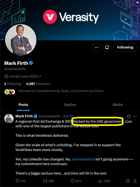 <a href="/ceoverasity/">Mark Firth</a>
If the claim “backed by the UAE Government” is not true, we will take legal action in UAE against you personally and #VRA Team and sue you for misleading the community.

I didn’t sell #VRA at 0.006c because I trusted that statement.

<a href="/verasitytech/">Verasity</a>   you blocked me 8