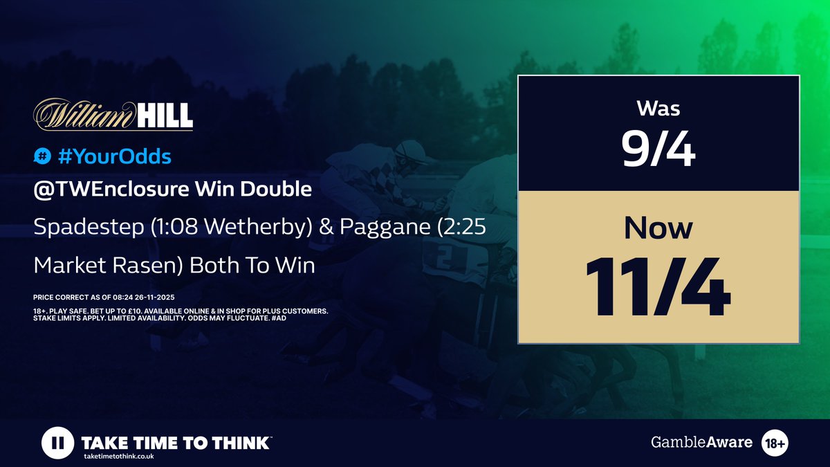 TWEnclosure's tweet image. WEDNESDAY&apos;S WIN DOUBLE 🐴🐴

✅ SPADESTEP
✅ PAGGANE

🚀 BOOSTED to 11/4 with #WilliamHill

📲 Back it directly HERE --&amp;gt; twebet.link/WinDouble261125

AD | 18+ | GambleAware.org | Always Gamble Responsibly | Play Safe
