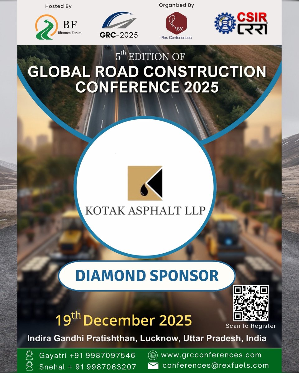 FuelsManagement's tweet photo. We’re proud to welcome Kotak Asphalt LLP as Diamond Sponsor at the 5th Edition of the Global Road Construction Conference 2025, taking place on 19th December 2025 at Indira Gandhi Pratishthan, Lucknow.
#GRCC2025 #RoadConstruction #InfrastructureIndia #Bitumen #RexFuels https://t.co/Q1ph3uk6PF
