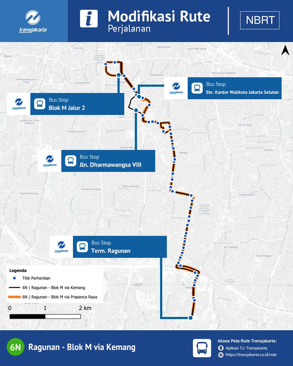PT_Transjakarta's tweet image. Sahabat TiJe, mulai Sabtu, 29 November 2025, rute 6N: Ragunan - Blok M via Kemang akan mengalami modifikasi menjadi melayani bus stop Jln. Dharmawangsa VIII.

Selain itu, rute 6N: Ragunan - Blok M akan dimodifikasi dari via Kemang menjadi via Prapanca Raya dan melayani bus stop…