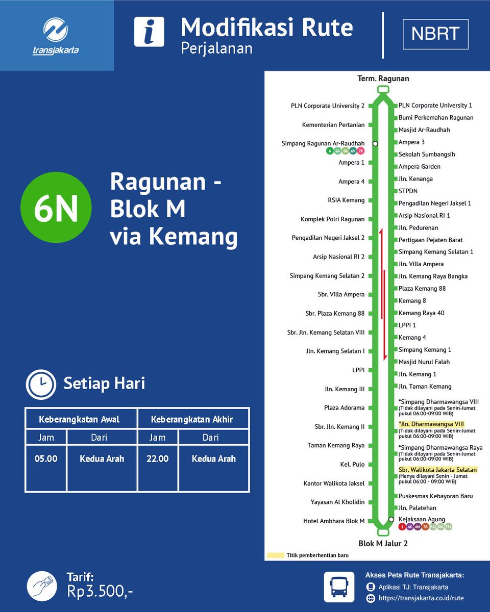 PT_Transjakarta's tweet image. Sahabat TiJe, mulai Sabtu, 29 November 2025, rute 6N: Ragunan - Blok M via Kemang akan mengalami modifikasi menjadi melayani bus stop Jln. Dharmawangsa VIII.

Selain itu, rute 6N: Ragunan - Blok M akan dimodifikasi dari via Kemang menjadi via Prapanca Raya dan melayani bus stop…