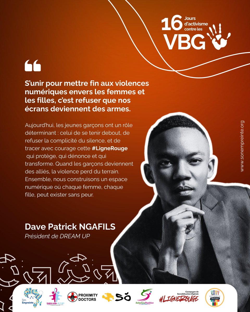 🟧 16 Jours d’Activisme contre les #VBG

Aujourd’hui, nous partageons une parole essentielle, celle de Dave Patrick NGAFILS, Président de l’association <a href="/Dream_Up/">حُلم 🕊 .</a>  , qui rappelle une vérité que notre société oublie trop souvent :

 #16JoursActivisme #VBG #SonEmpreinte