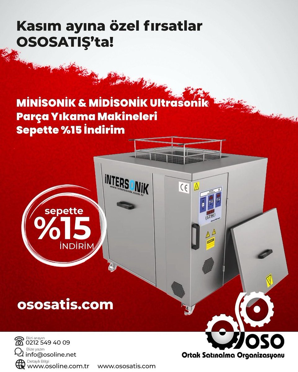 Kasım ayına özel fırsatlar OSOSATIŞ’ta!
MİNİSONİK &amp; MİDİSONİK Ultrasonik Parça Yıkama Makineleri
✅ Sepette %15 İndirim 

👉 ososatis.com/parça-yıkama-m…
#UltrasonikYıkama #ParçaYıkamaMakinası #EndüstriyelMakine #TemizlikEkipmanları #Sanayi #OSO #OsoSatış #OsoLine #KasımFırsatları