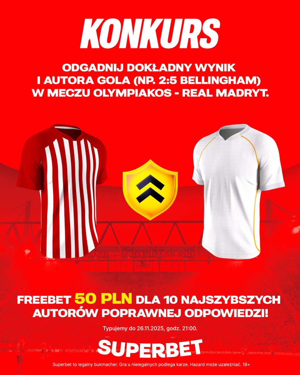 #KONKURS! Wytypuj w odpowiedziach dokładny wynik oraz autora gola ⚽️ w meczu Olympiakos - Real i zgarnij freebet! #UCL #OLYRMA 
--
✅ Zaobserwuj <a href="/SuperbetPL/">Superbet</a>
❤️ Polub wpis i 🔄 podaj go dalej
👤 Dodaj nick z Superbet
🎁 Nagroda = FREEBET 50 PLN
Regulamin: sprbt.pl/RegulaminSuper…