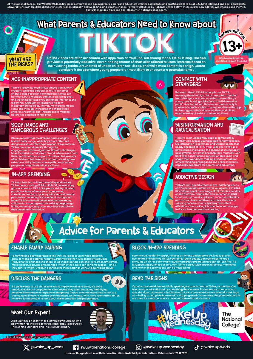 wake_up_weds's tweet image. TikTok is one of the world&apos;s favourite short-video apps but behind the dances and viral challenges are real risks. Our latest guide uncovers TikTok’s hidden hazards and shares expert advice to help parents and educators.

Download your FREE copy here &amp;gt;&amp;gt; vist.ly/4f2zj