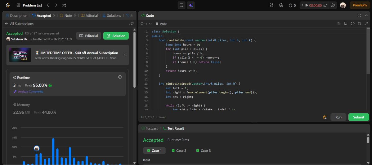 DumbSham14's tweet image. Day 30 - Leetcode DSA 🚀
Problem: Koko Eating Bananas 📷Learned how Binary Search isn’t just on arrays — it can find answers by checking conditions too 📷📷#100DaysOfCode#DSA  #CodingJourney #BinarySearch