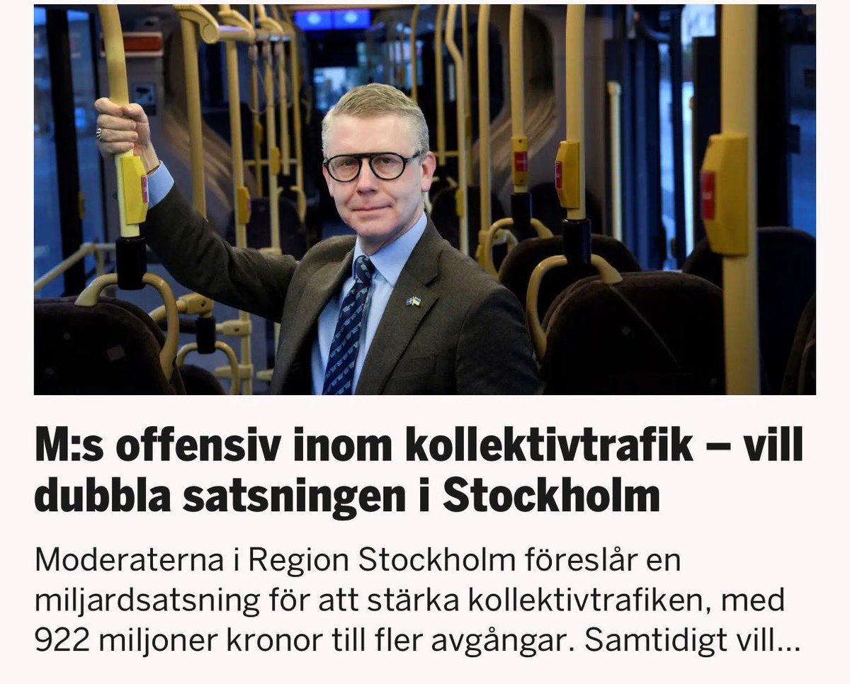 En bättre kollektivtrafik krävs för att Stockholm åter ska bli en tillväxtmotor. Läs om varför kollektivtrafikpartiet – Moderaterna – satsar dubbelt så mycket på utvecklad trafik som nedskärningspartierna i Region Stockholms vänsterstyre i <a href="/dagensindustri/">Dagens industri</a> di.se/nyheter/m-s-of…