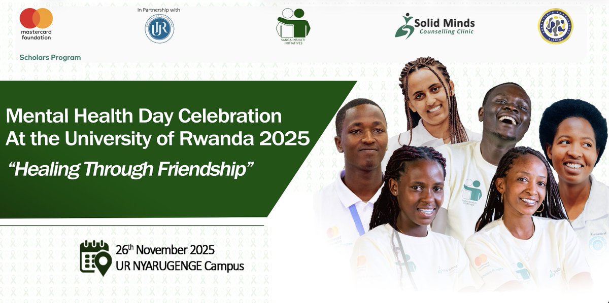 MCFScholarsUR's tweet photo. It’s today! 
Celebrating Mental Health Day at @Uni_Rwanda, Nyarugenge Campus!

Join us at 2 PM for an inspiring discussion on the role of mental health in achieving academic success.

Nyarugenge Campus community, don’t miss it! https://t.co/Q2S9Sr9Etx