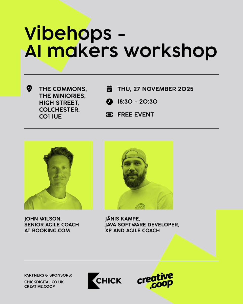 Tomorrow in Colchester: we’re partnering with Colchester Digital for Vibehops, an AI makers workshop at The Commons (The Minories), 18:30–20:30. From playful vibe-coding to test-driven CLI workflows; all welcome. Free to attend.

Sign up: eventbrite.co.uk/e/colchester-d…
